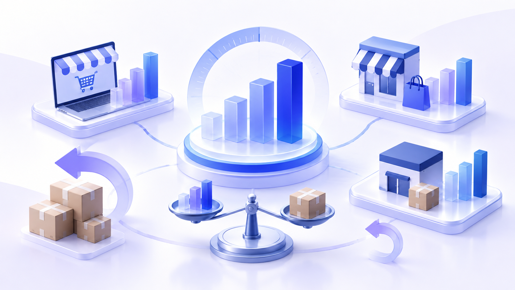 Ecommerce channels and returned parcels compared with a central benchmark chart and balance scale