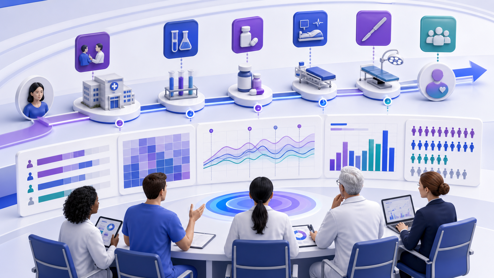 clinical analytics workflow connecting healthcare data, analytical review, and clinician oversight