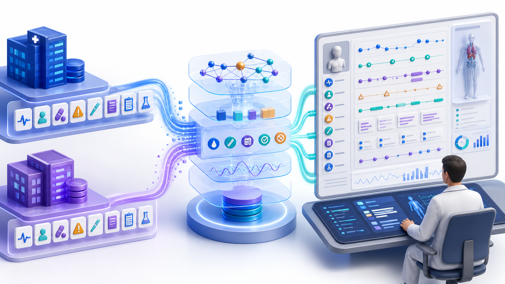clinical data integration workflow connecting healthcare data, analytical review, and clinician oversight