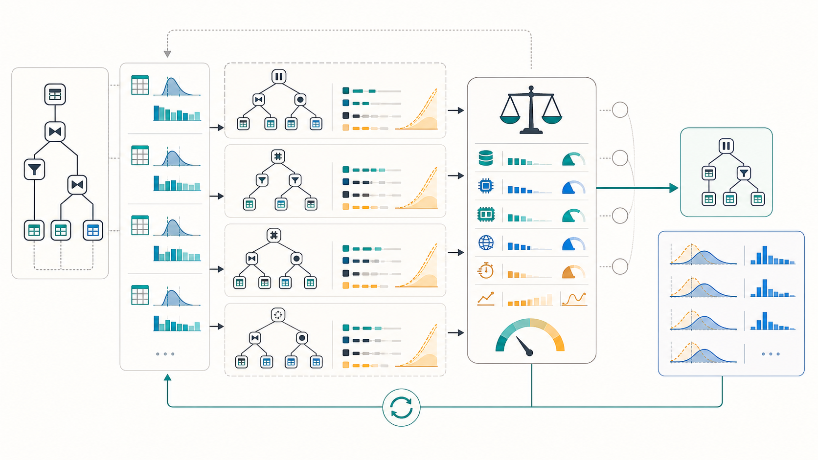 Cost based optimizer workflow using statistics and cardinality estimates to compare candidate plans, select a plan, and validate it with runtime feedback