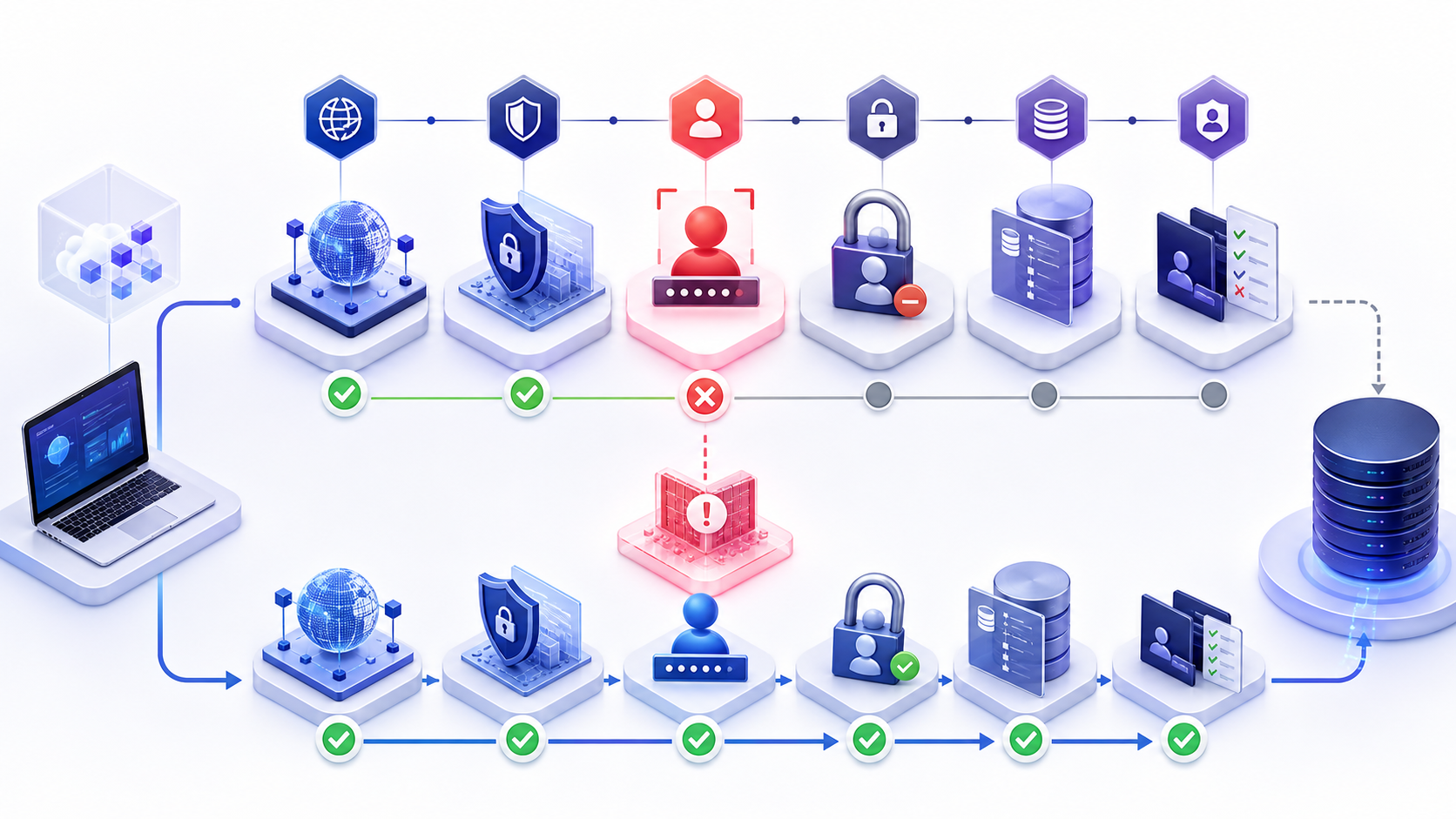 A database login failure decision path separates credentials, account state, authentication method, database selection, permissions, and pooled identities