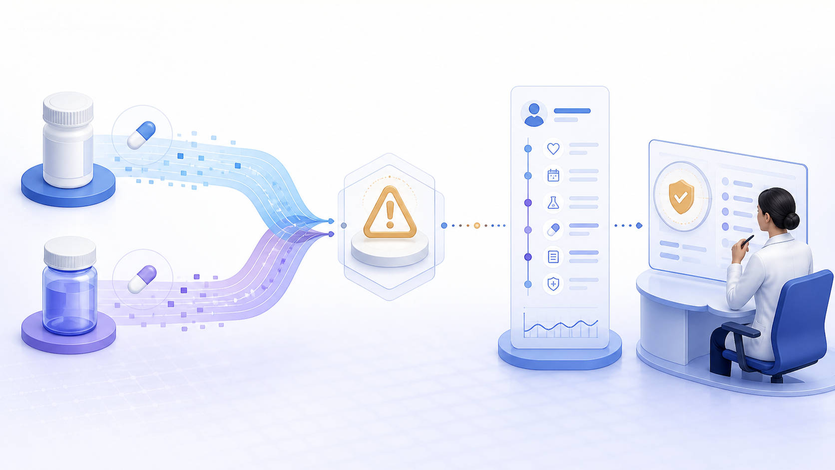 drug interaction checker workflow connecting healthcare data, analytical review, and clinician oversight