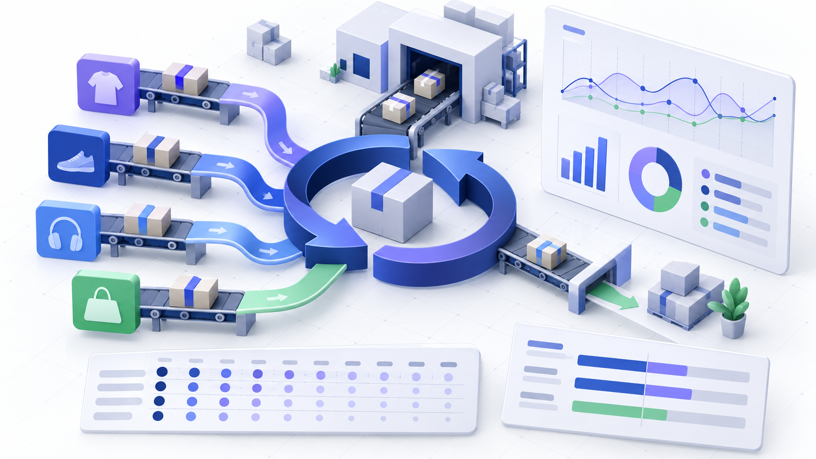 Ecommerce products moving through a return loop into category, cohort, and diagnostic analytics views