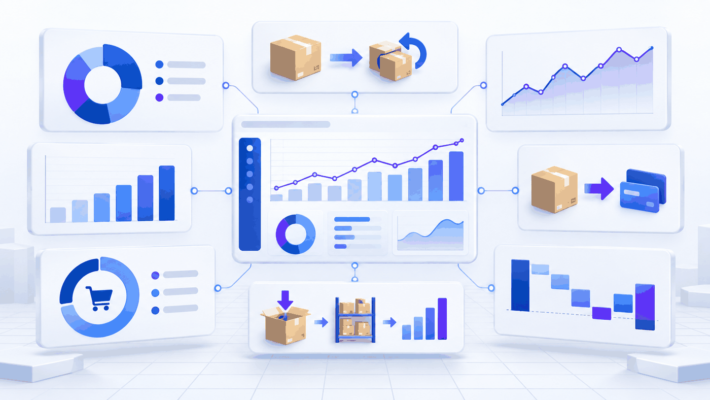 Ecommerce returns metrics dashboard connecting return rates, refunds, exchanges, processing time, inventory recovery, and margin