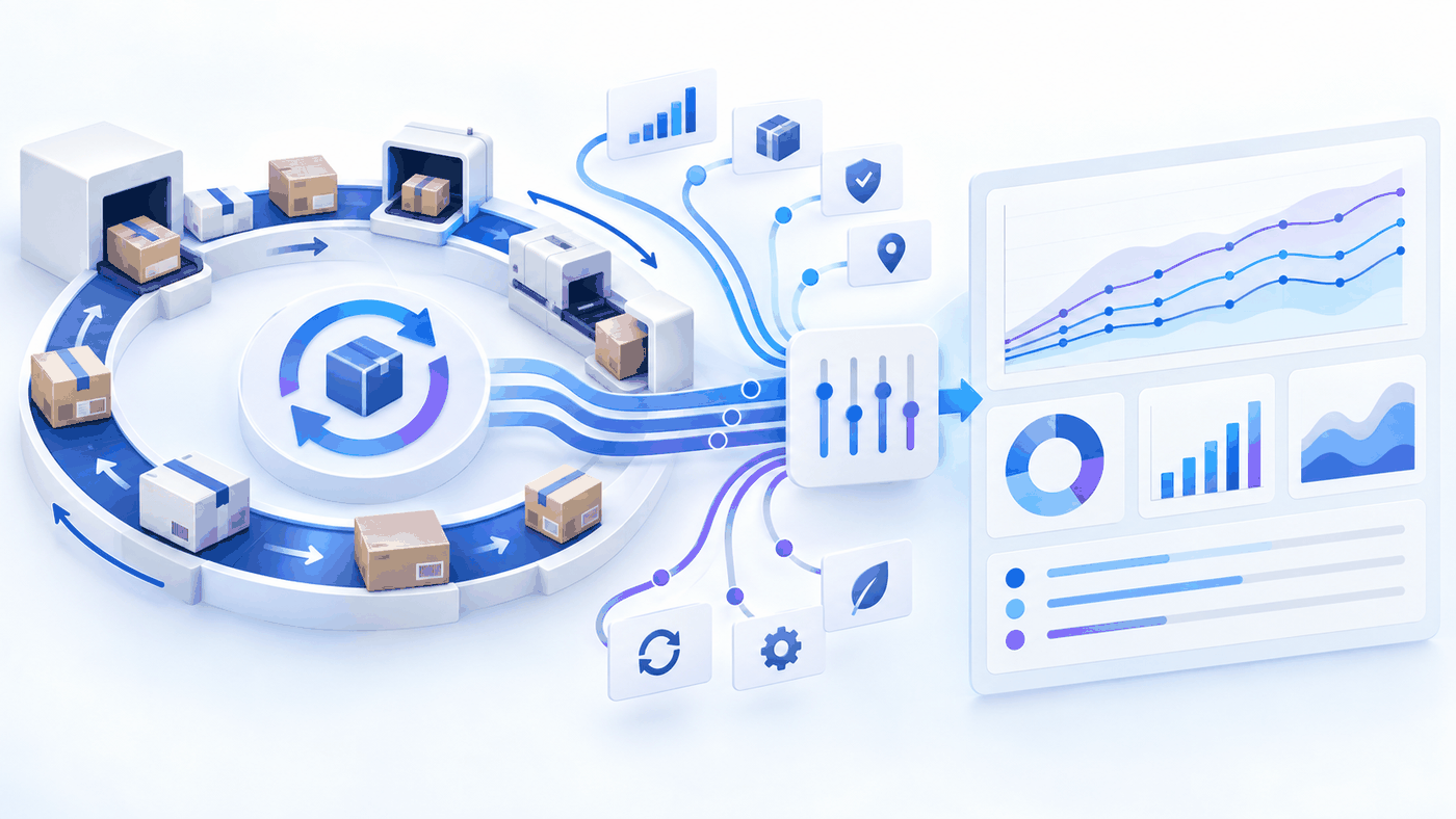 Ecommerce returns trend signals flowing from reverse logistics into an analytics dashboard