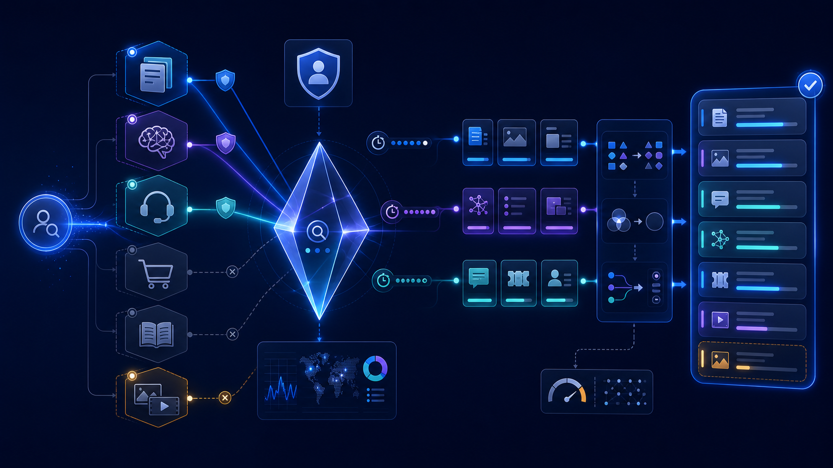 Federated search architecture selecting autonomous content sources, normalizing and deduplicating heterogeneous results, and merging them into one ranked list with provenance