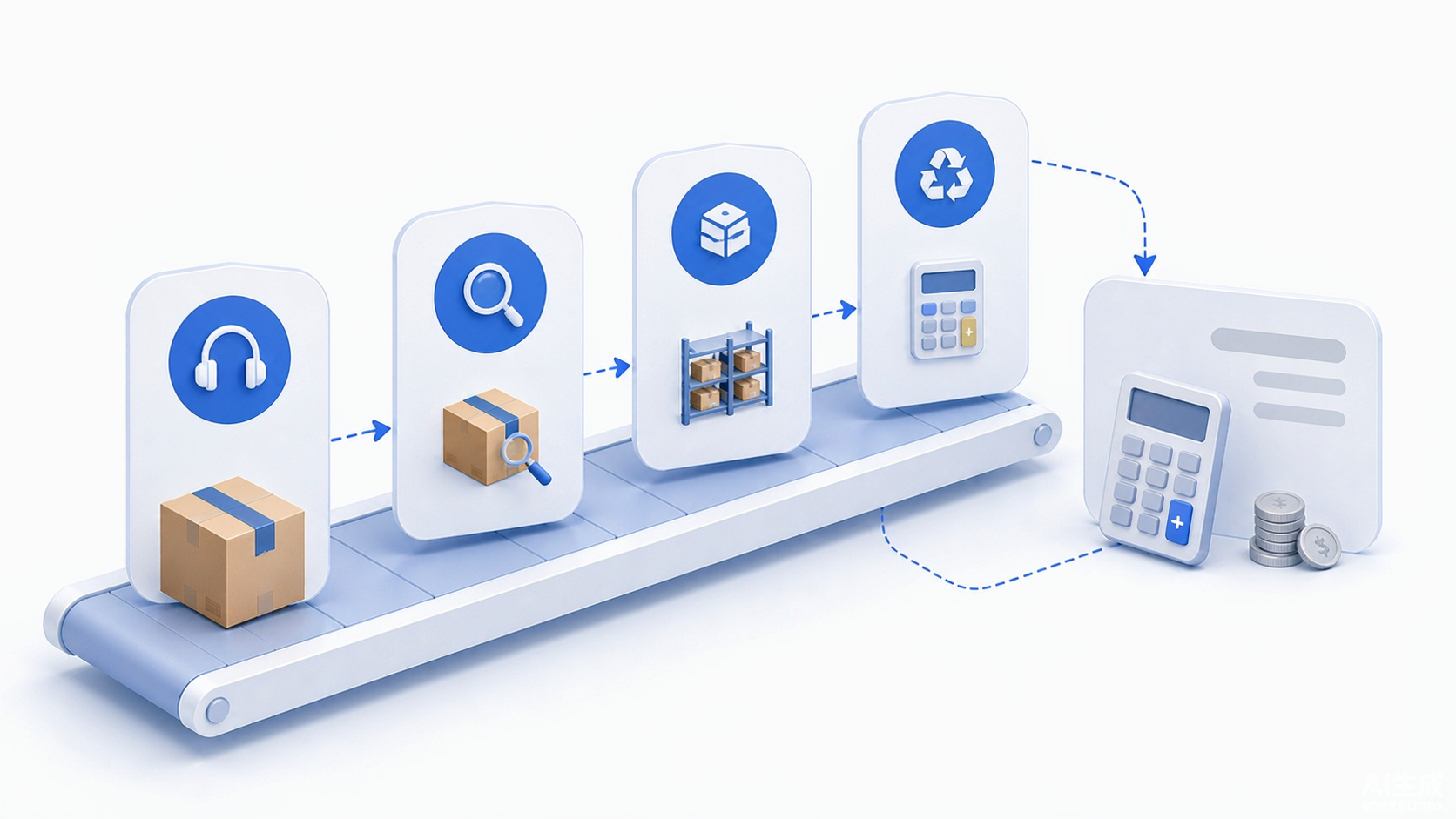 A returned parcel passing through support, inspection, restocking, recovery, and calculator stages in a connected cost workflow