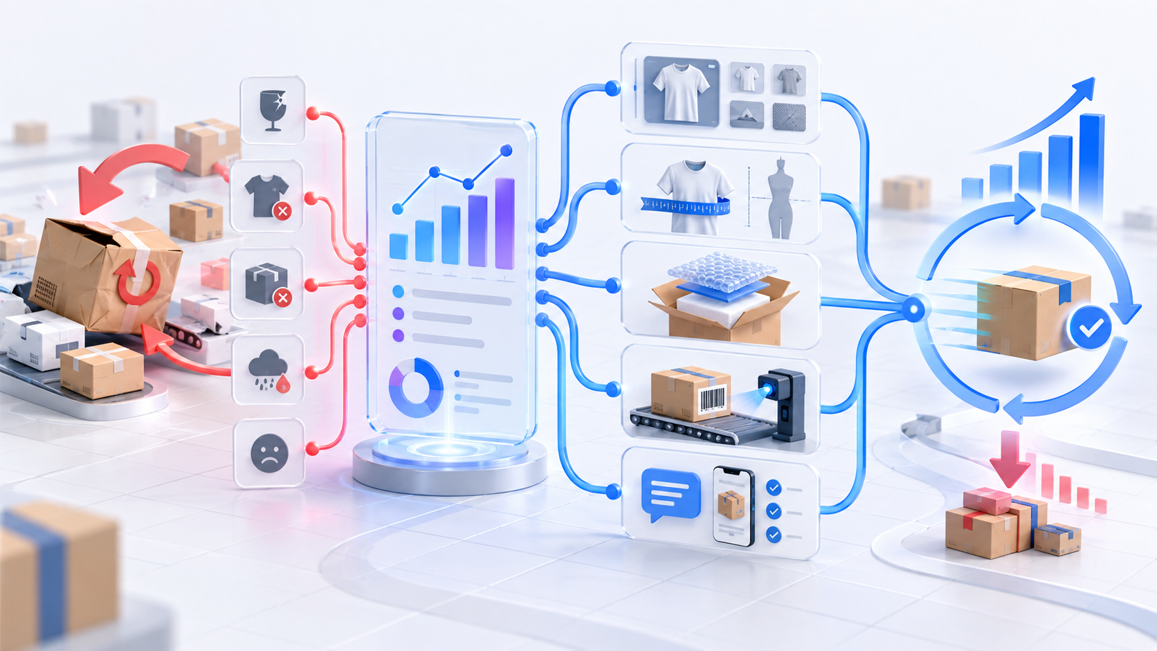 Ecommerce return signals flowing into prioritized product content, sizing, packaging, fulfillment, and post-purchase improvements