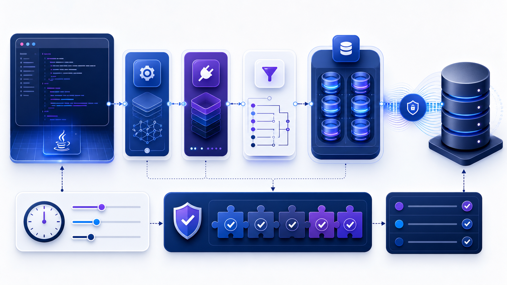 A Java application using the JDBC API, vendor driver, parsed URL, connection pool, TLS network path, and database
