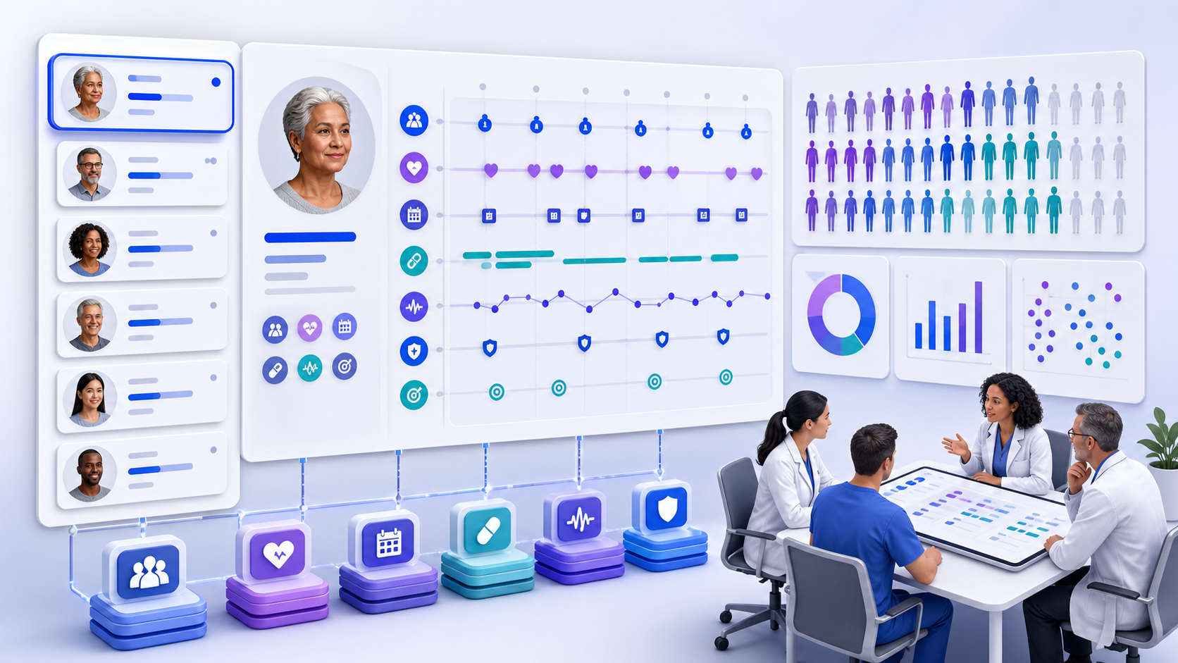 patient analytics workflow connecting healthcare data, analytical review, and clinician oversight