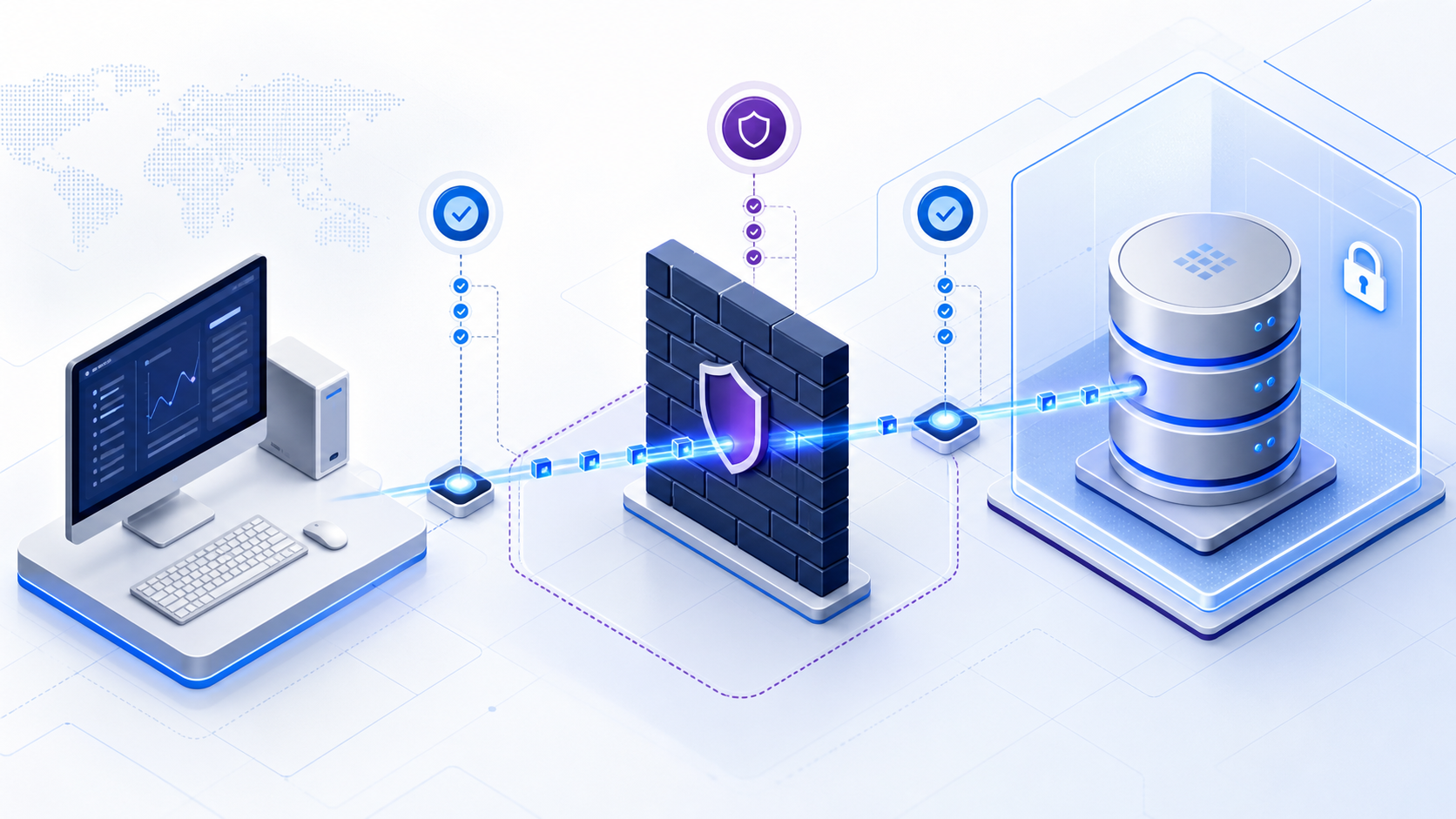 Client traffic follows a protected route through a firewall to a database server