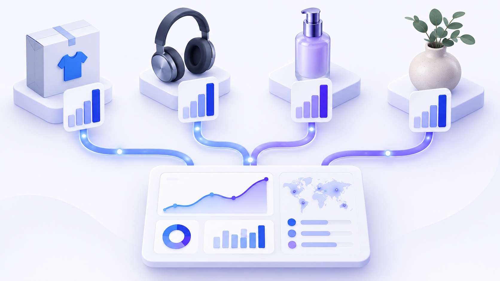 Four ecommerce product categories connected to separate rate charts and a central analytics dashboard