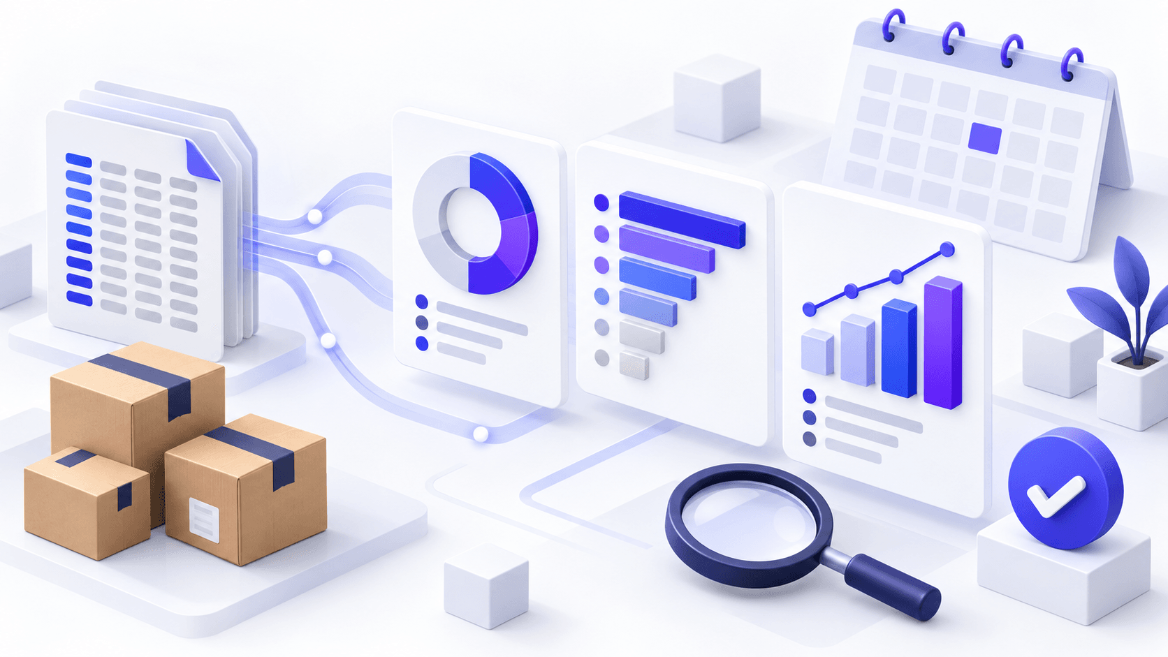 Abstract ecommerce returns spreadsheet flowing into rate, reason, and cost report cards