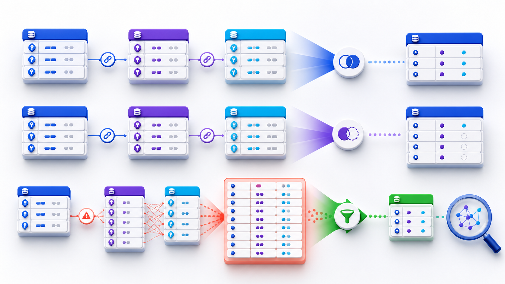 Three sets of database tables follow safe inner and outer join paths while a many-to-many path multiplies rows before correction and structural complexity inspection