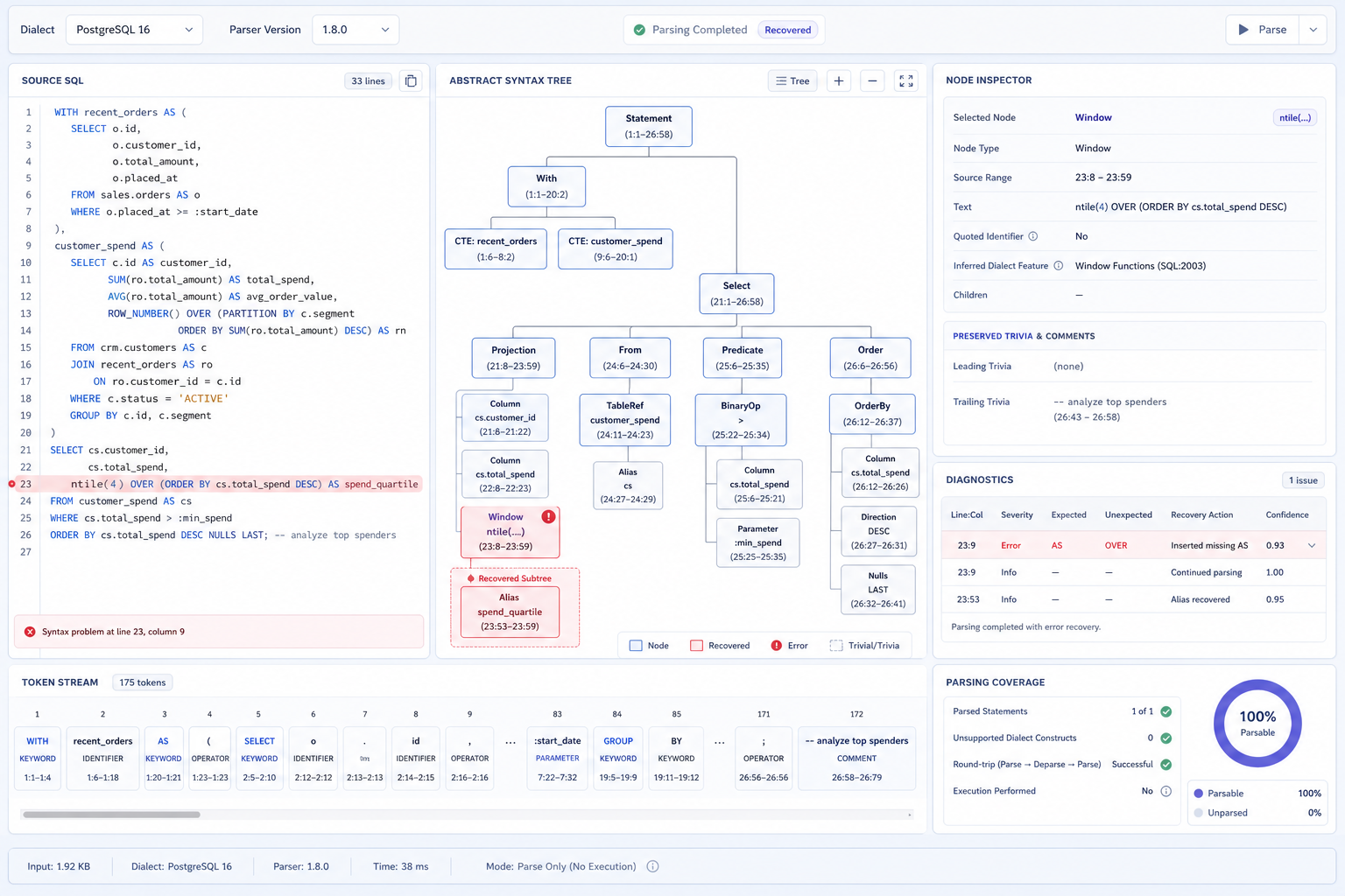 SQL 解析器工作台：从源 SQL 和 Token 流构建方言感知 AST，并展示源码位置、注释、错误诊断和恢复范围